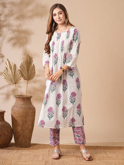 Floral Printed Sequins Embellished Pin-Tucks Kurta with Pants - White