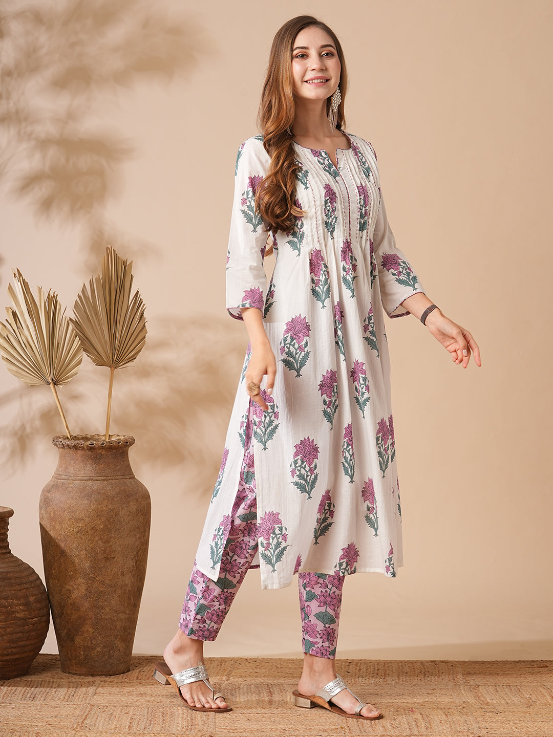 Floral Printed Sequins Embellished Pin-Tucks Kurta with Pants - White