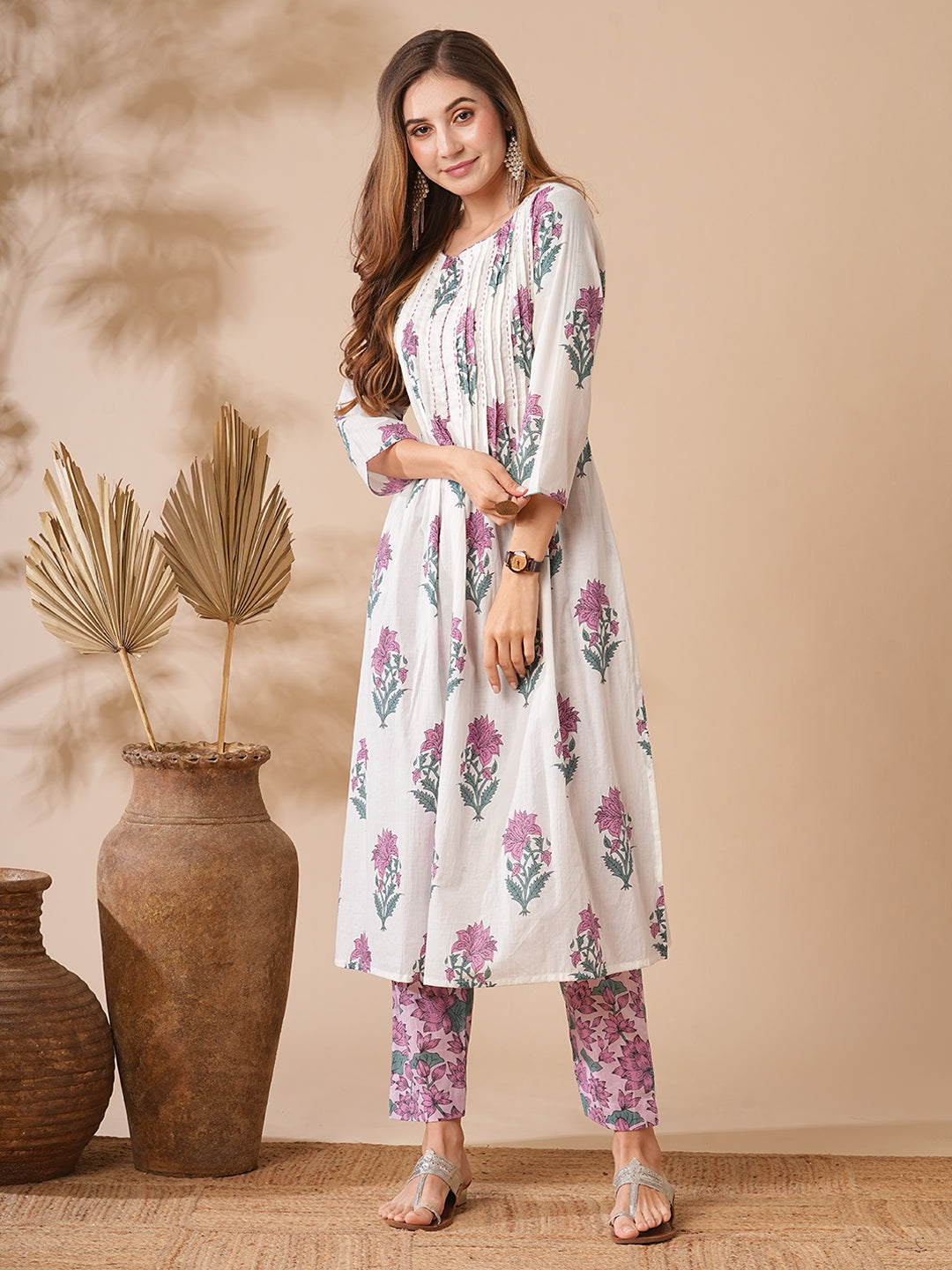 Floral Printed Sequins Embellished Pin-Tucks Kurta with Pants - White