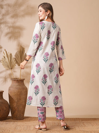 Floral Printed Sequins Embellished Pin-Tucks Kurta with Pants - White