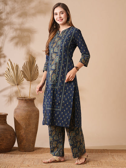 Floral Printed Mirror & zari Embroidered Kurta with Palazzo - Navy Blue