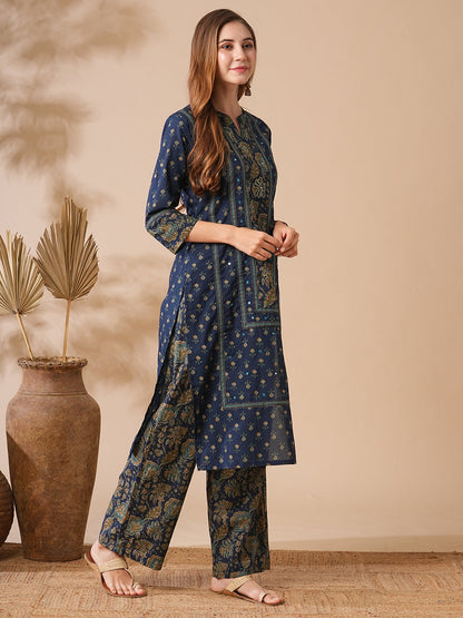 Floral Printed Mirror & zari Embroidered Kurta with Palazzo - Navy Blue