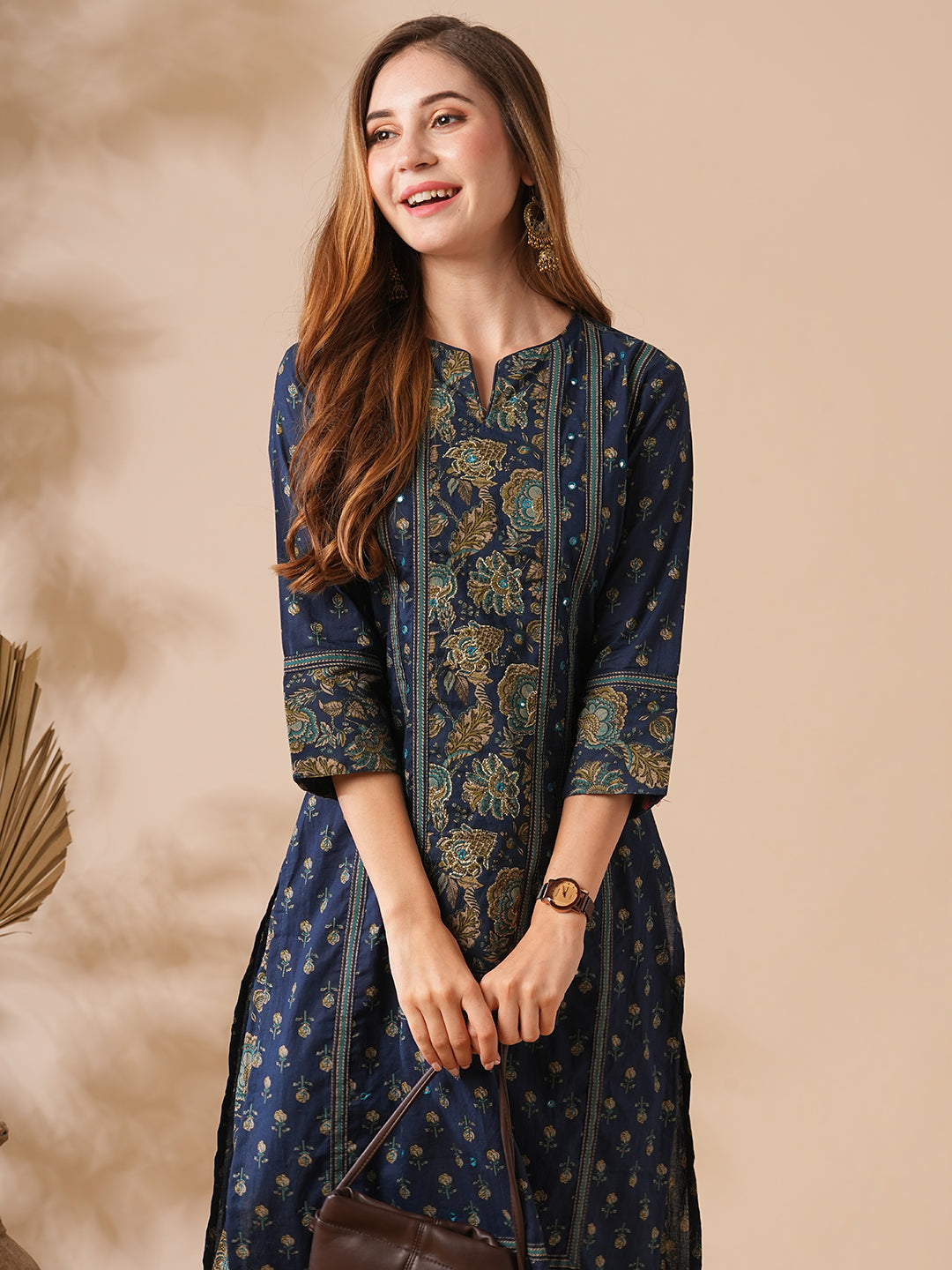 Floral Printed Mirror & zari Embroidered Kurta with Palazzo - Navy Blue