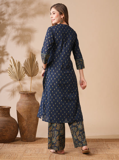 Floral Printed Mirror & zari Embroidered Kurta with Palazzo - Navy Blue