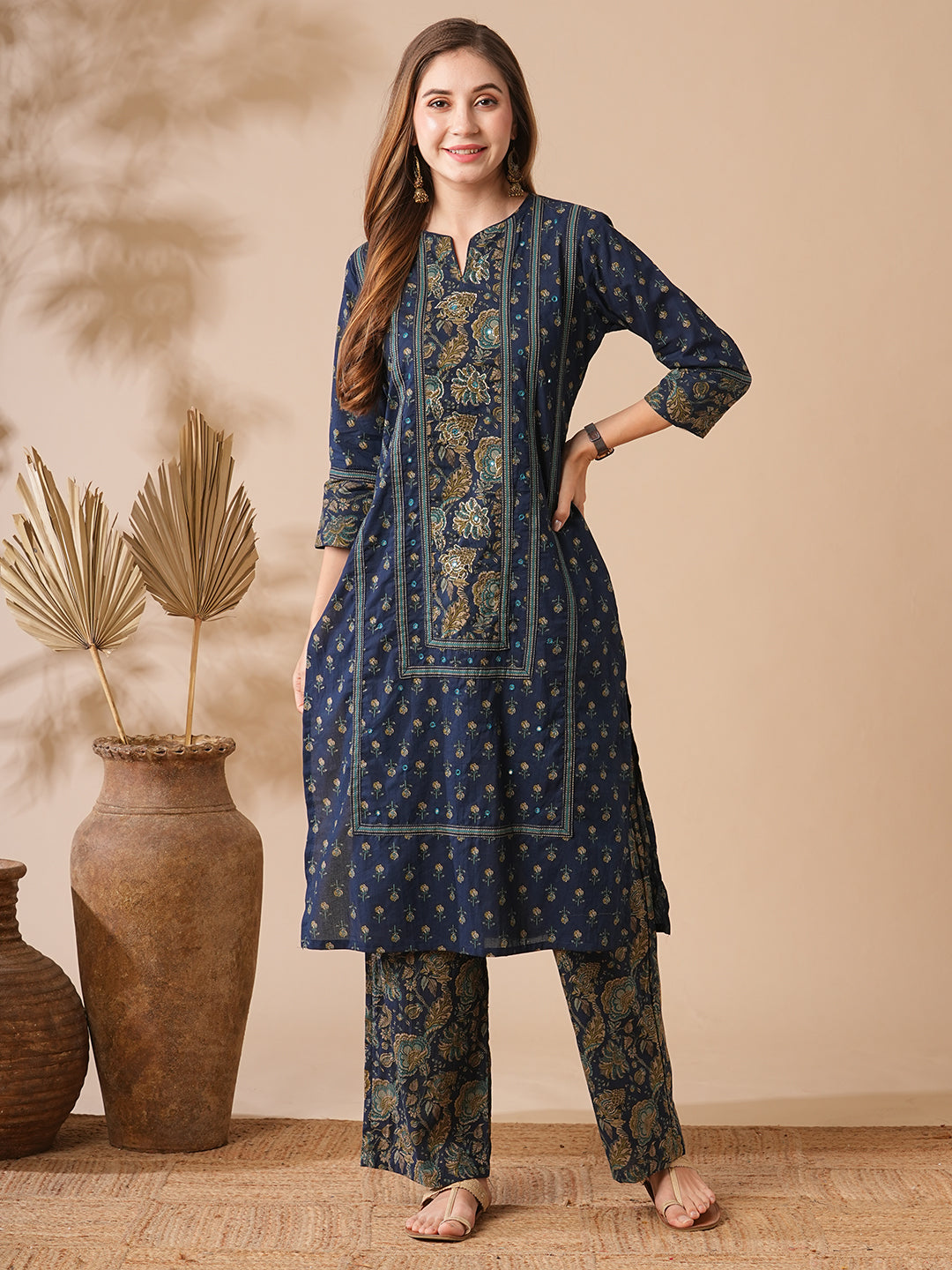 Floral Printed Mirror & zari Embroidered Kurta with Palazzo - Navy Blue