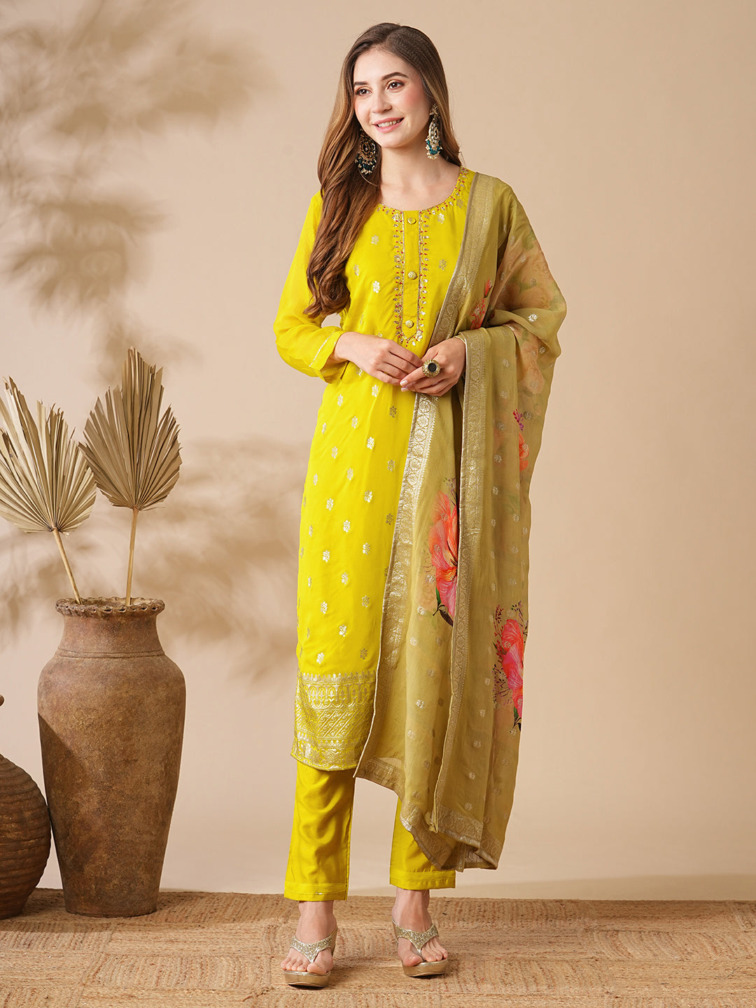 Floral Jacquard Design Embroidered Kurta with Pants & Floral Printed Dupatta - Yellow