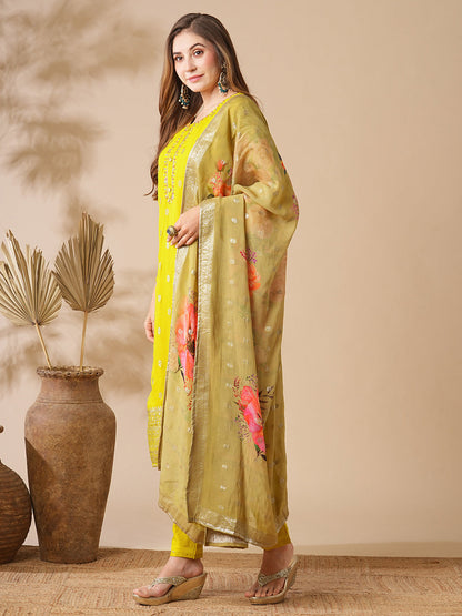 Floral Jacquard Design Embroidered Kurta with Pants & Floral Printed Dupatta - Yellow