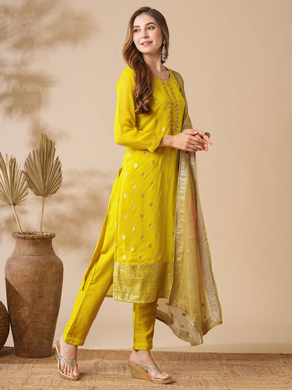 Floral Jacquard Design Embroidered Kurta with Pants & Floral Printed Dupatta - Yellow