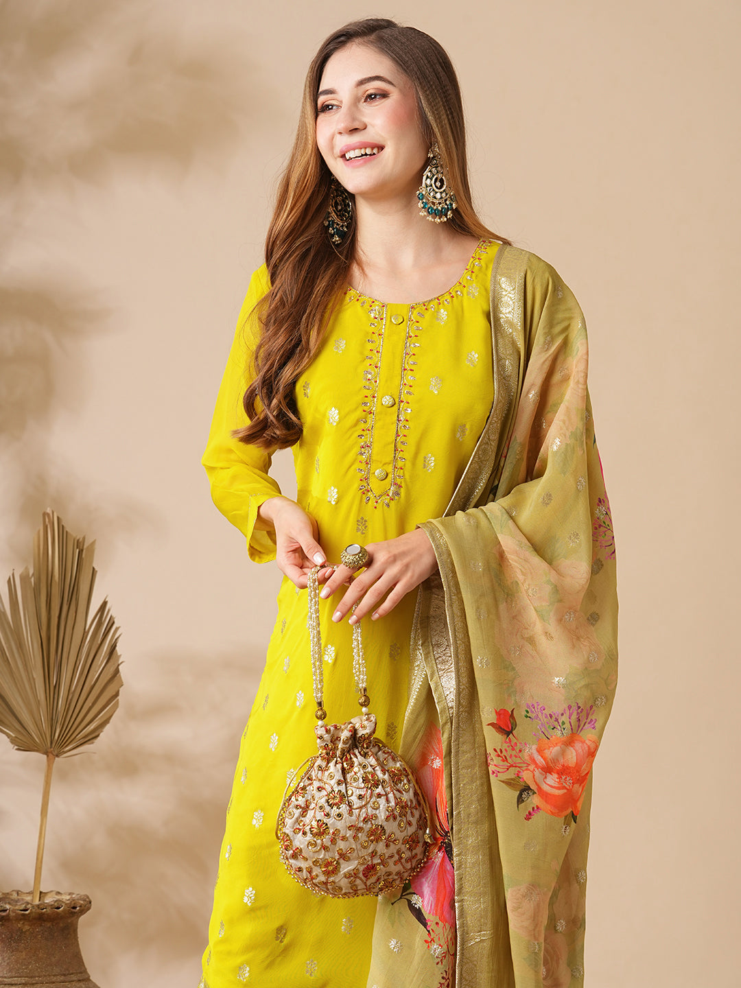 Floral Jacquard Design Embroidered Kurta with Pants & Floral Printed Dupatta - Yellow