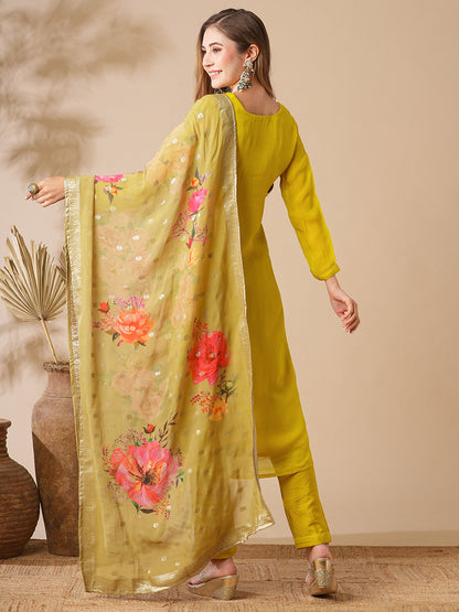 Floral Jacquard Design Embroidered Kurta with Pants & Floral Printed Dupatta - Yellow