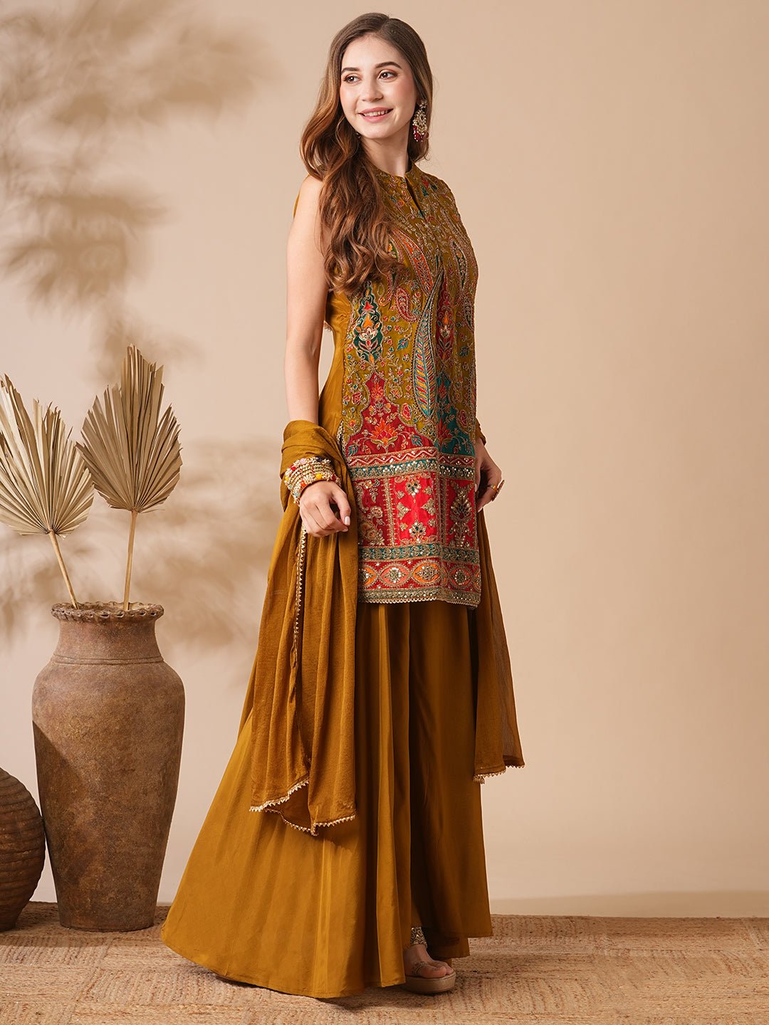 Ethnic Printed Zari Dori & Sequins Embroidered Kurti with Sharara & Dupatta - Mustard