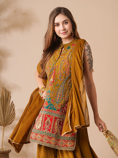 Ethnic Printed Zari Dori & Sequins Embroidered Kurti with Sharara & Dupatta - Mustard