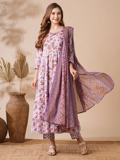 Floral Printed Zardozi & Stone Embroidered Anarkali Kurta with Pants & Dupatta - Purple