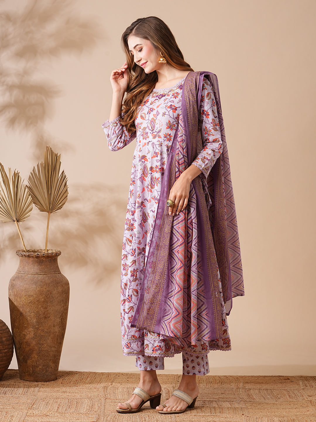 Floral Printed Zardozi & Stone Embroidered Anarkali Kurta with Pants & Dupatta - Purple