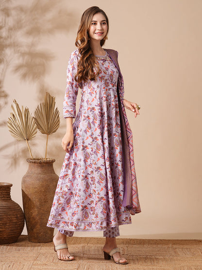 Floral Printed Zardozi & Stone Embroidered Anarkali Kurta with Pants & Dupatta - Purple