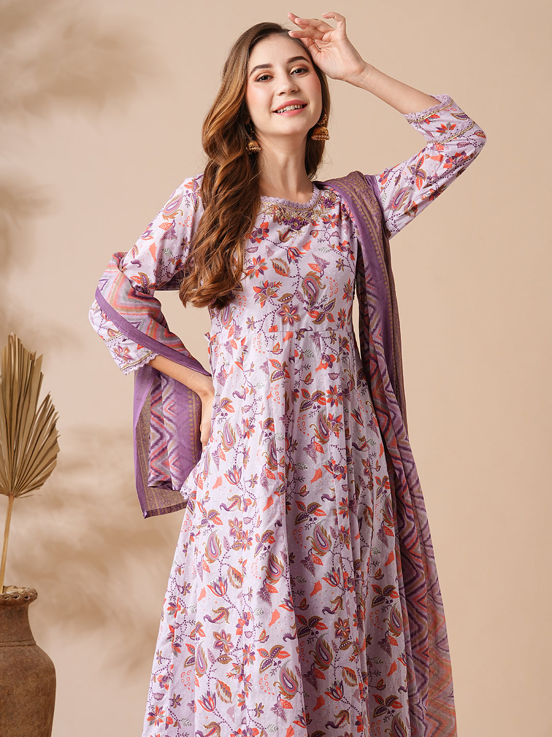 Floral Printed Zardozi & Stone Embroidered Anarkali Kurta with Pants & Dupatta - Purple