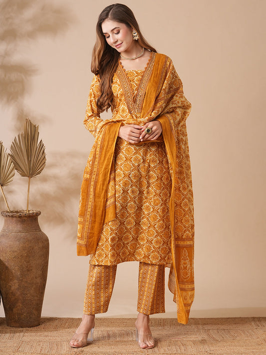 Floral Printed Mirror & Cutdana Embroidered Pleated Kurta with Pants & Dupatta - Yellow