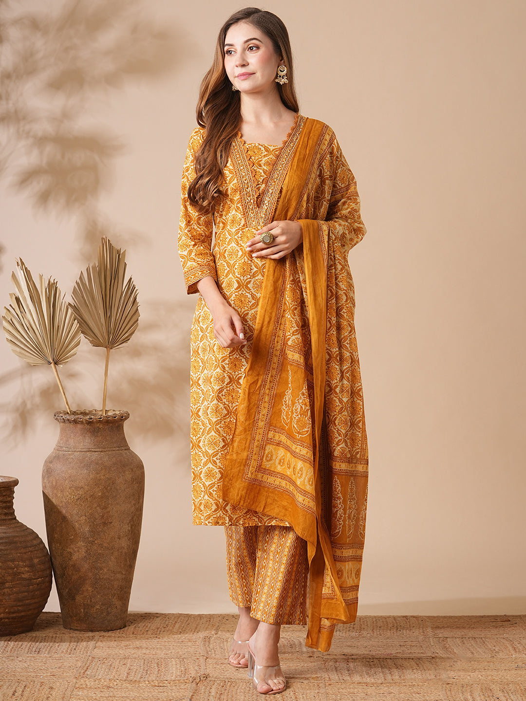 Floral Printed Mirror & Cutdana Embroidered Pleated Kurta with Pants & Dupatta - Yellow