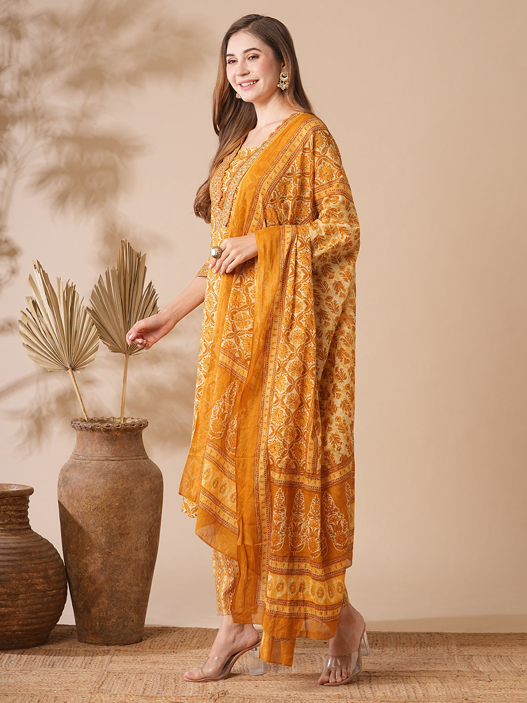 Floral Printed Mirror & Cutdana Embroidered Pleated Kurta with Pants & Dupatta - Yellow