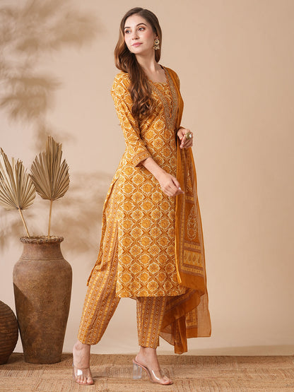 Floral Printed Mirror & Cutdana Embroidered Pleated Kurta with Pants & Dupatta - Yellow