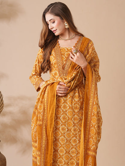 Floral Printed Mirror & Cutdana Embroidered Pleated Kurta with Pants & Dupatta - Yellow