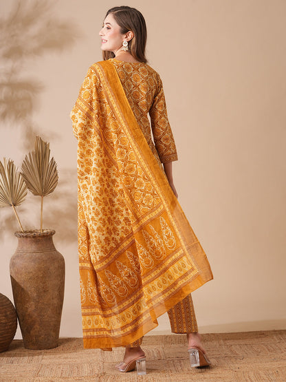 Floral Printed Mirror & Cutdana Embroidered Pleated Kurta with Pants & Dupatta - Yellow