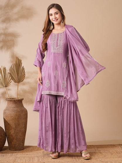 Solid Zardozi & Stones Embroidered Kurti with Sharara & Dupatta - Purple