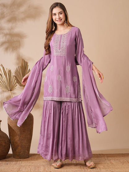 Solid Zardozi & Stones Embroidered Kurti with Sharara & Dupatta - Purple