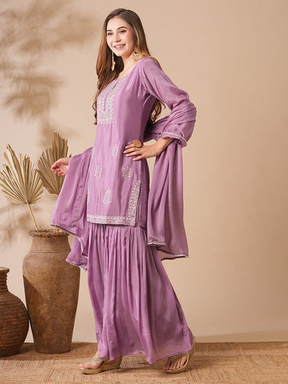 Solid Zardozi & Stones Embroidered Kurti with Sharara & Dupatta - Purple