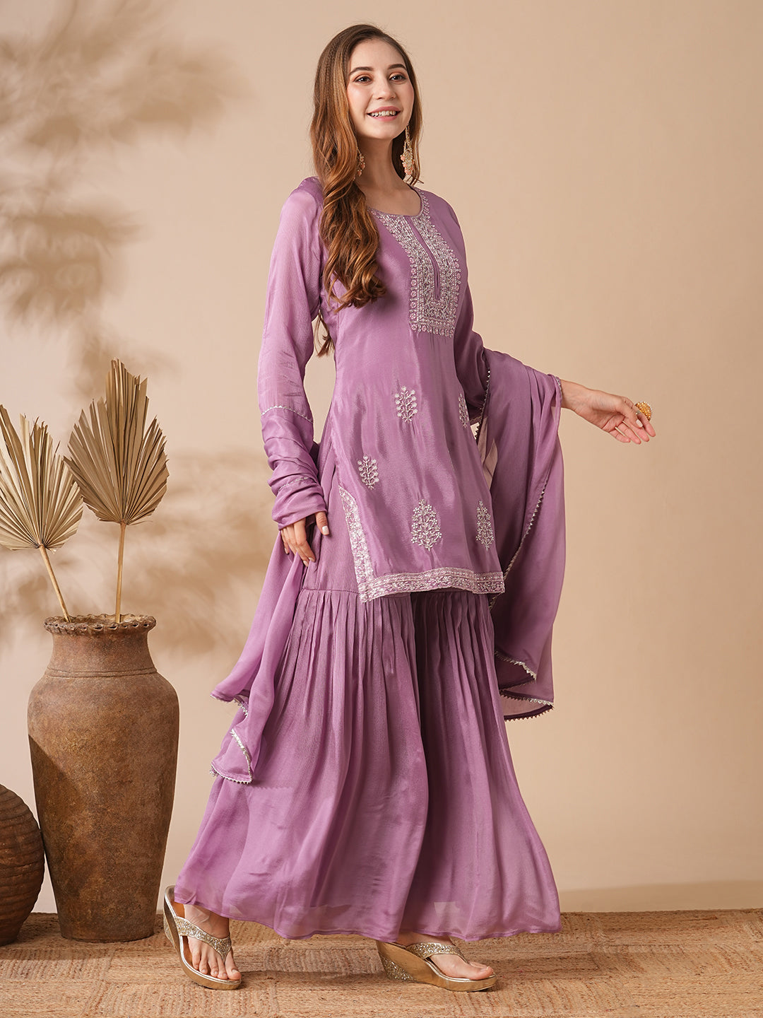 Solid Zardozi & Stones Embroidered Kurti with Sharara & Dupatta - Purple