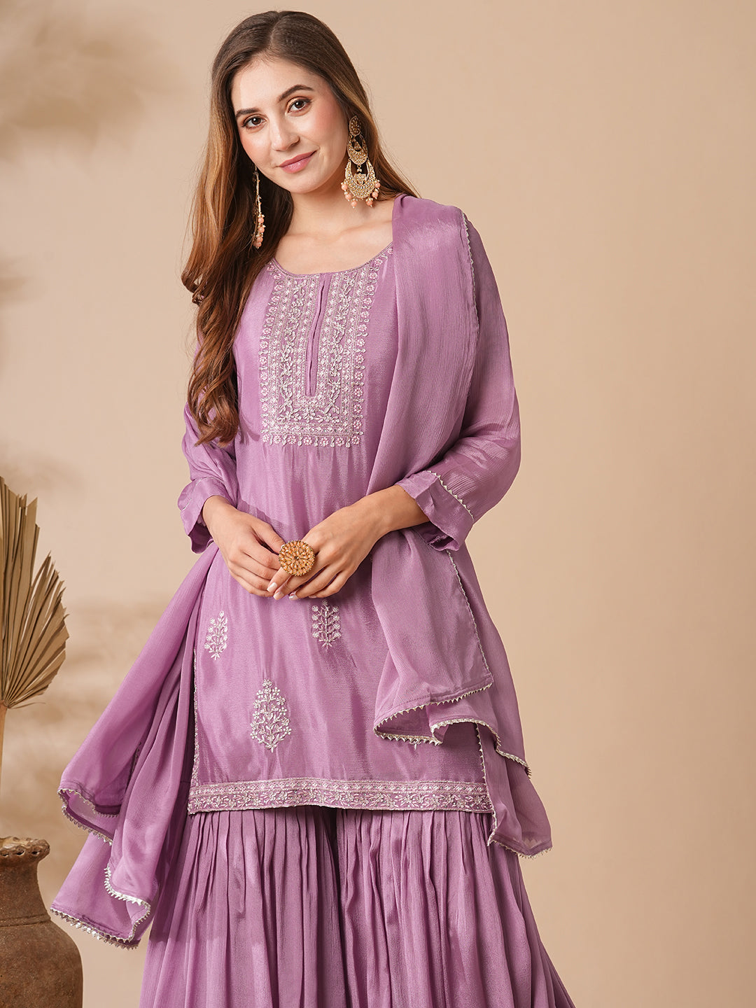 Solid Zardozi & Stones Embroidered Kurti with Sharara & Dupatta - Purple