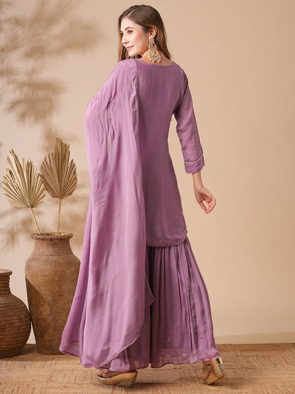 Solid Zardozi & Stones Embroidered Kurti with Sharara & Dupatta - Purple