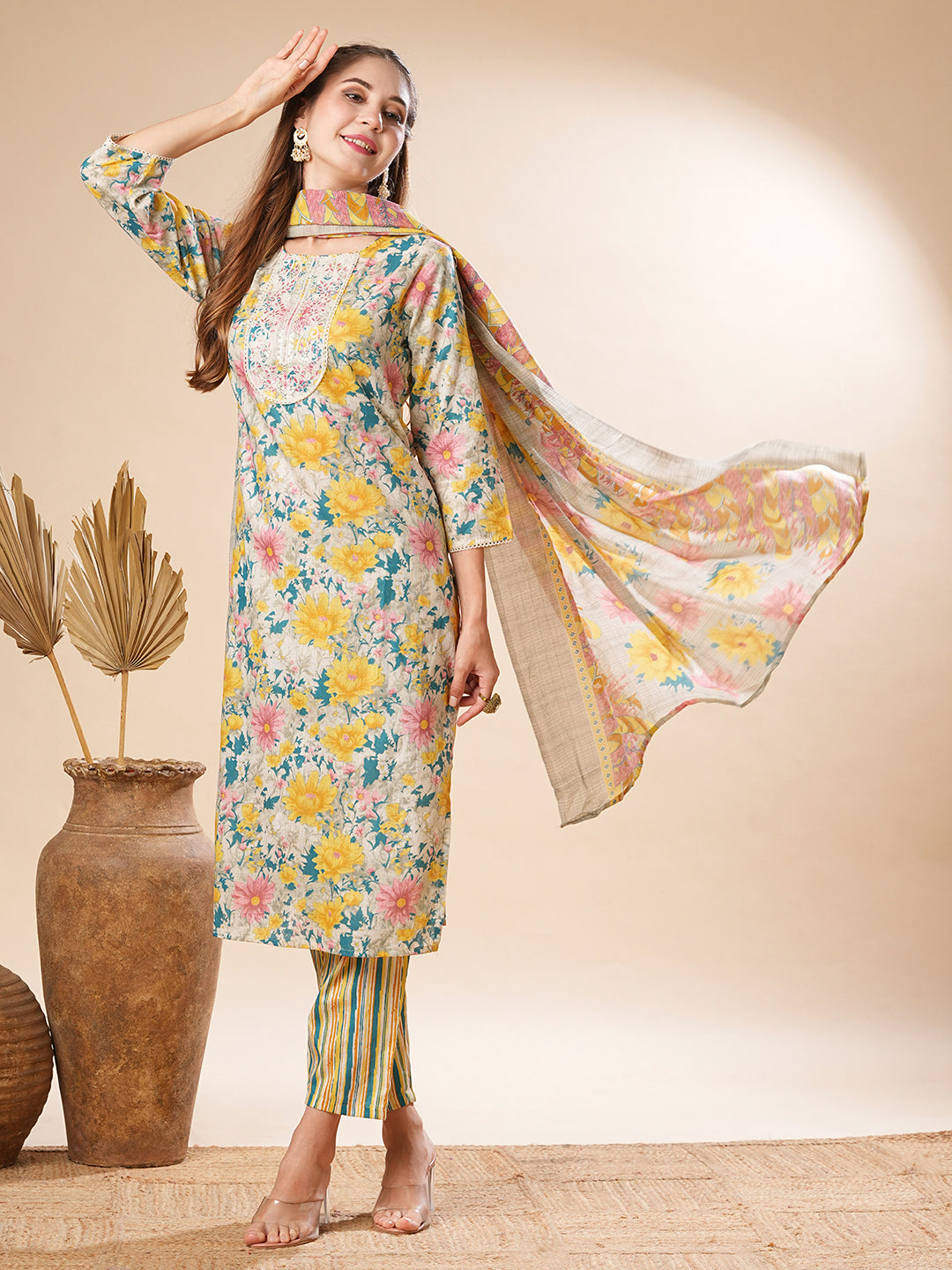 Floral Printed Zari Dori Embroidered Kurta with Pants & Dupatta - Yellow & Multi