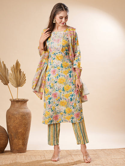 Floral Printed Zari Dori Embroidered Kurta with Pants & Dupatta - Yellow & Multi