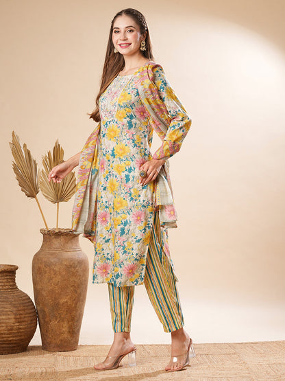 Floral Printed Zari Dori Embroidered Kurta with Pants & Dupatta - Yellow & Multi