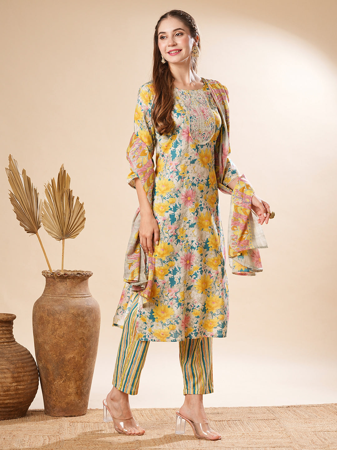 Floral Printed Zari Dori Embroidered Kurta with Pants & Dupatta - Yellow & Multi