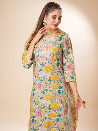 Floral Printed Zari Dori Embroidered Kurta with Pants & Dupatta - Yellow & Multi