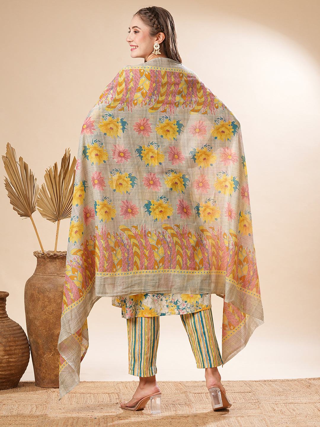 Floral Printed Zari Dori Embroidered Kurta with Pants & Dupatta - Yellow & Multi