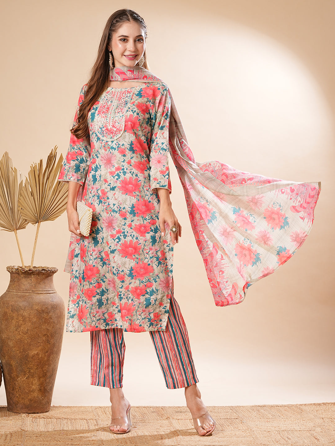 Floral Printed Zari Dori Embroidered Kurta with Pants & Dupatta - Peach & Multi