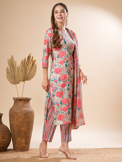 Floral Printed Zari Dori Embroidered Kurta with Pants & Dupatta - Peach & Multi