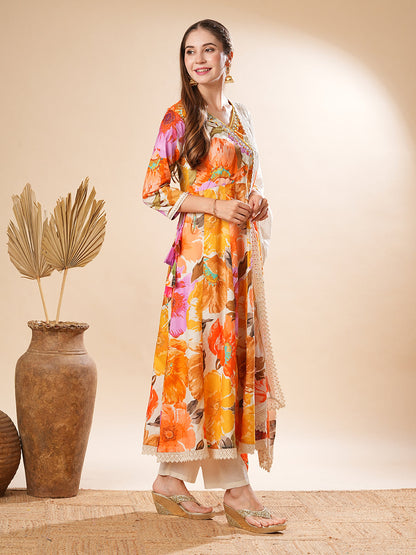 Floral Printed Beads & Resham Embroidered Anarkali Kurta with Pants & Dupatta - Multi