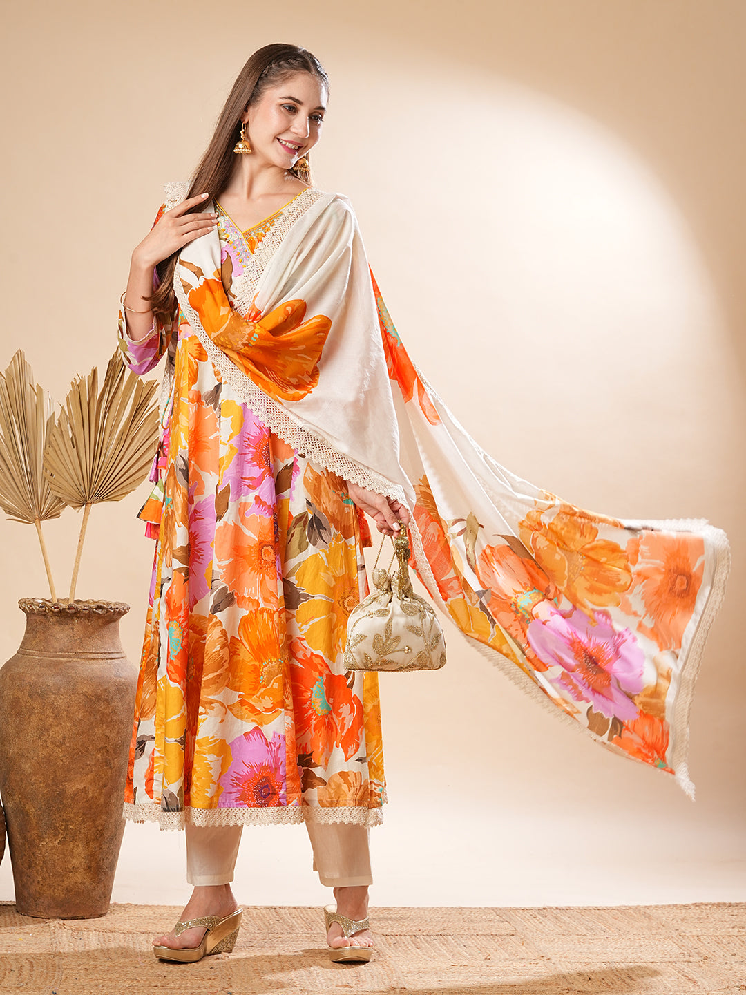 Floral Printed Beads & Resham Embroidered Anarkali Kurta with Pants & Dupatta - Multi