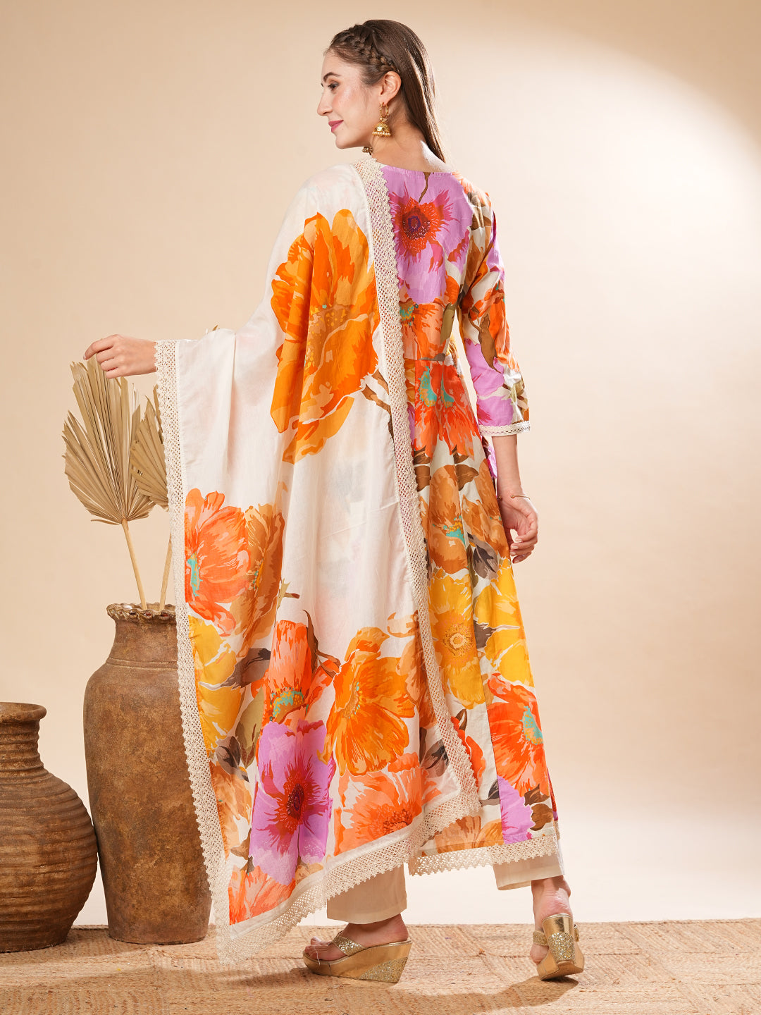 Floral Printed Beads & Resham Embroidered Anarkali Kurta with Pants & Dupatta - Multi