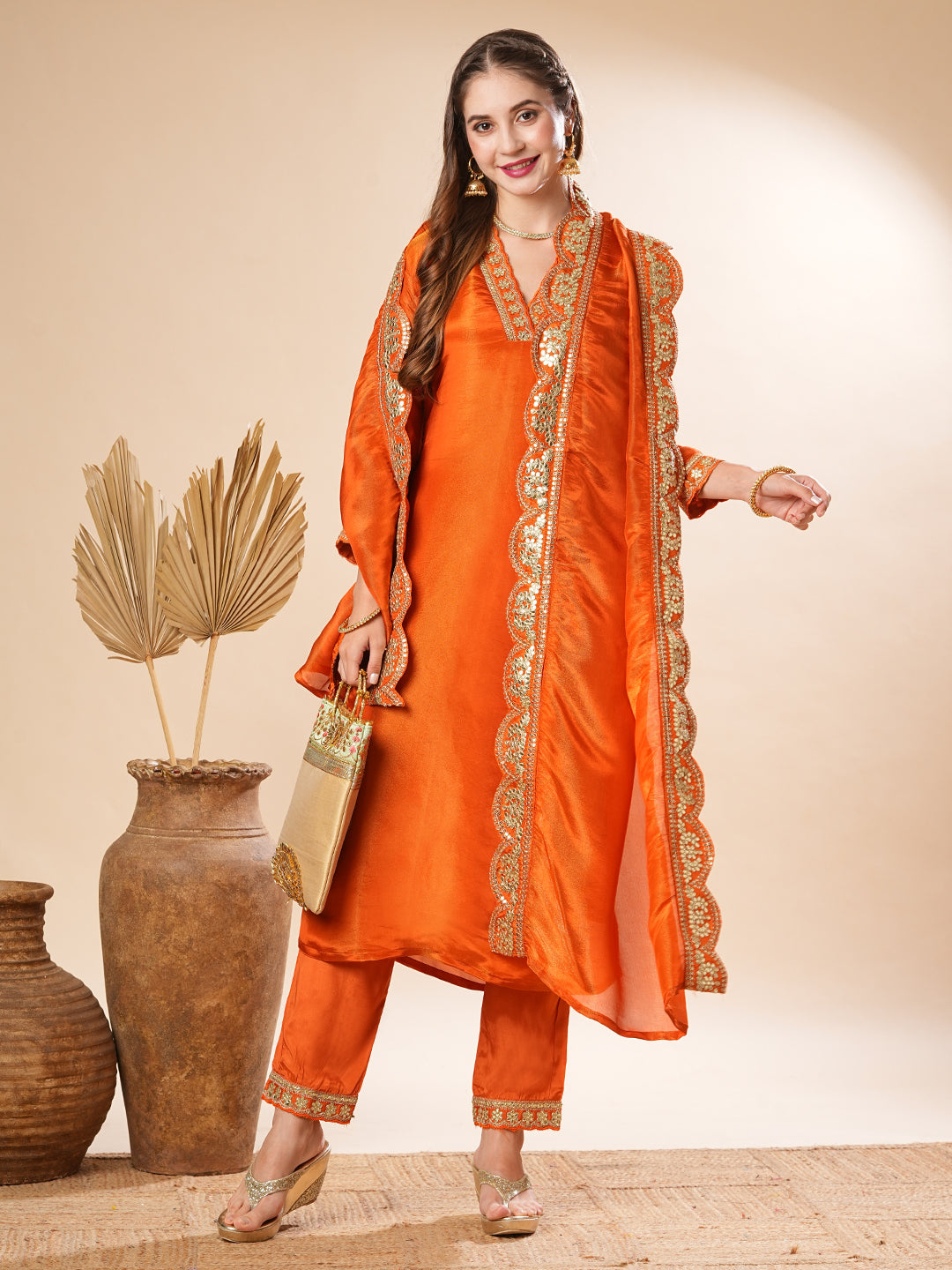 Solid Hand Embroidered Kurta with Pant & Woven Jacquard Dupatta - Orange