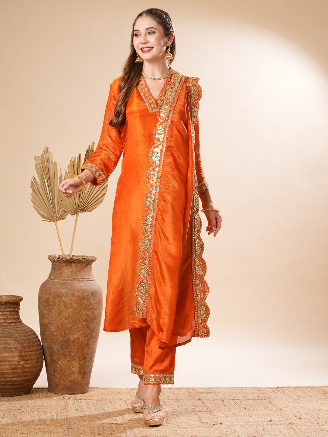 Solid Hand Embroidered Kurta with Pant & Woven Jacquard Dupatta - Orange