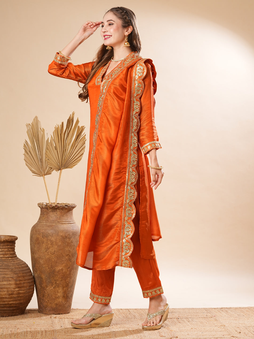 Solid Hand Embroidered Kurta with Pant & Woven Jacquard Dupatta - Orange