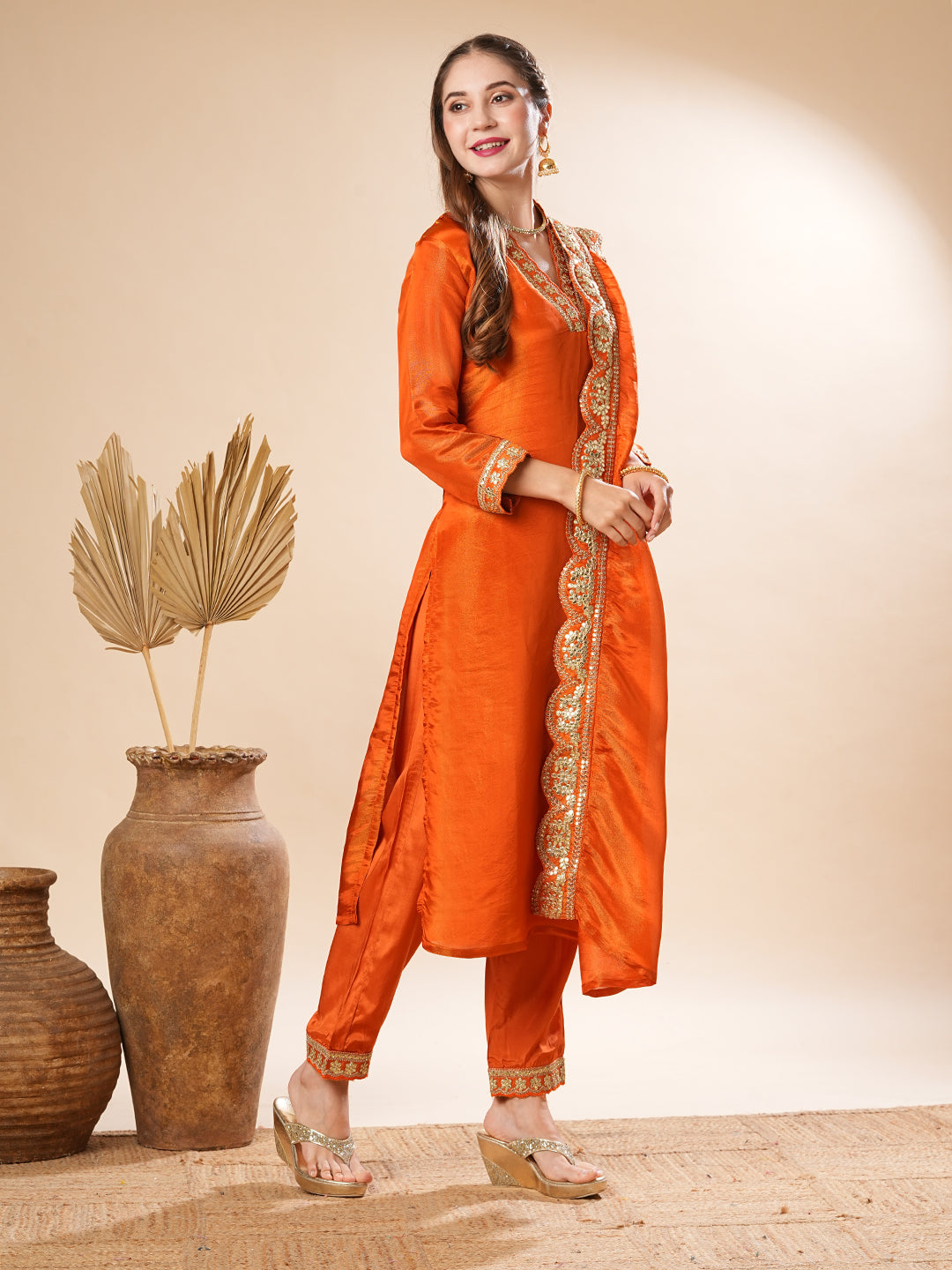 Solid Hand Embroidered Kurta with Pant & Woven Jacquard Dupatta - Orange