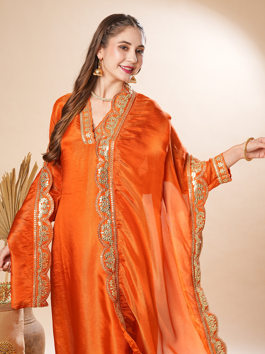 Solid Hand Embroidered Kurta with Pant & Woven Jacquard Dupatta - Orange