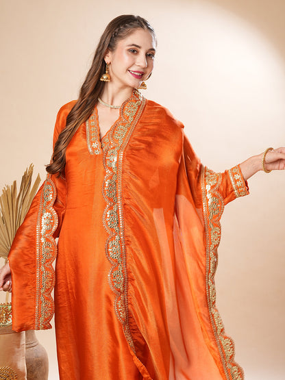 Solid Gotapatti & Zari Embroidered Shimmer Kurta with Pants & Dupatta - Orange