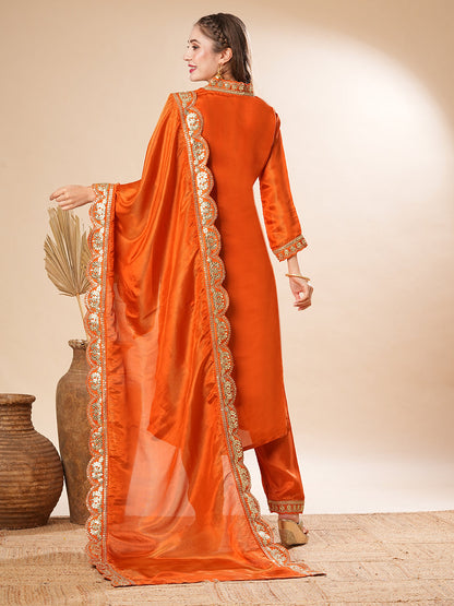 Solid Hand Embroidered Kurta with Pant & Woven Jacquard Dupatta - Orange